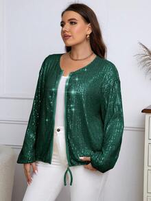SHEIN Allurite Plus Drawstring Hem Zip Up Sequin Jacket - Dark Green - View 3