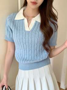DAZY Contrast Collar Cable Knit Top - Blue - View 1