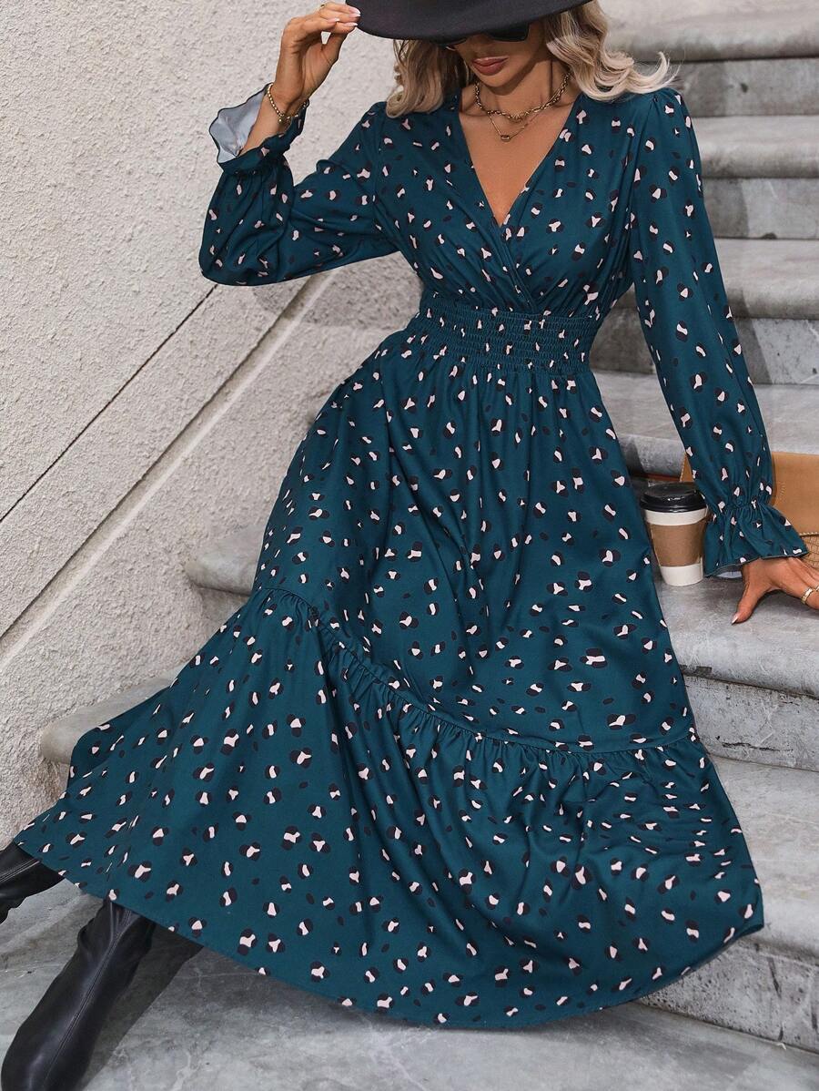 SHEIN LUNE 滿版印花荷葉袖荷葉邊洋裝 - 墨綠色 - 查看 1