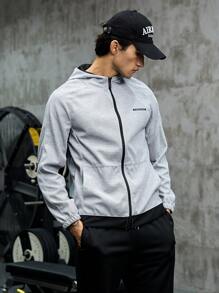Gym Rark Men Letter Graphic Raglan Sleeve Hooded Sports Jacket Workout Tops Sports Jacket - Light Grey - View 3