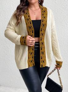 SHEIN Unity Plus Graphic Pattern Colorblock Drop Shoulder Duster Cardigan - Beige - View 5