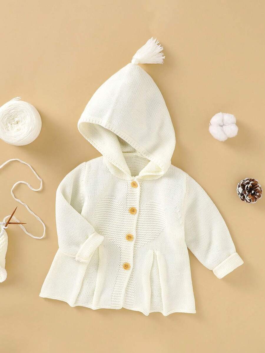SHEIN 女小童流蘇細節前紐扣連帽開襟衫 - 白色 - 查看 1