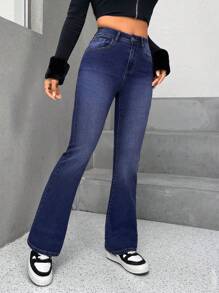 SHEIN PETITE Jeans de pierna amplia con bordado de mariposa - Azul lavado oscuro - Ver 6