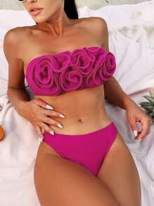 SHEIN Swim Summer Beach Floral Decor 3d Flower Strapless Bikini Set