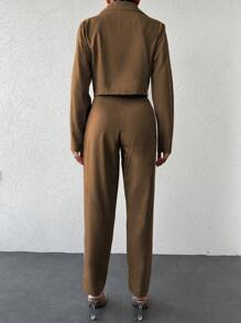 EURMUSE Damski Pasek Marynarki Kurtki Z Kołnierzyk Z Klapą I Spodnie Komplety Biżuterii - Wielbłąd - Zobacz 2