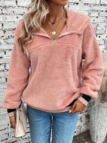 SHEIN LUNE Một nửa khóa kéo Teddy Áo nỉ - Hồng - Xem 3