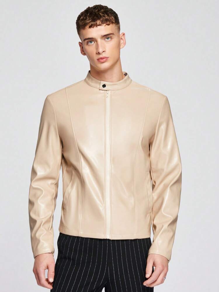 Men Zip Up PU Leather Jacket