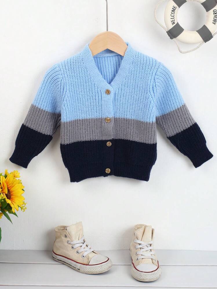 Bebé niño Cárdigan de color combinado con botón delantero - Azul - Añade 1