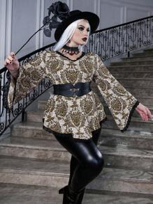 Calvaya Hơn In Damask Trang trí ren Tay áo loe Xoay eo Áo thun Không có thắt lưng - Cà phê nâu - Xem 3