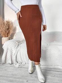 SHEIN Clasi Plus Button Detail Split Thigh Sweater Skirt - Coffee Brown - View 5