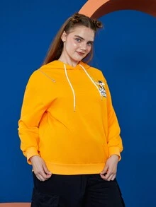 LOONEY TUNES X SHEIN Sudadera con capucha de talla grande con gráfico de dibujos animados y eslogan, hombros caídos y cordón ajustable - Naranja - Ver 3