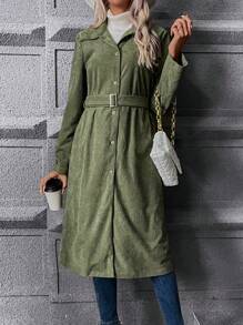 Chiquease Button Front Belted Corduroy Coat - Army Green - View 6
