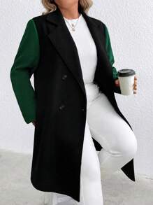 SHEIN LUNE Plus Two Tone Lapel Neck Double Breasted Overcoat Fall Cloth For Women - Black - View 4