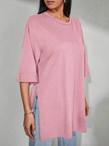 EURMUSE Women's Casual Everyday Commute Solid Color Drop Shoulder Loose Slit Hem T-Shirt, Summer - Pink - View 4