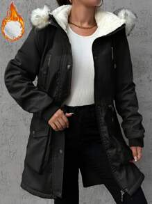 EURMUSE Flap Pocket Fuzzy Trim Hooded Thermal Lined Drawstring Waist Parka Coat - Black - View 1