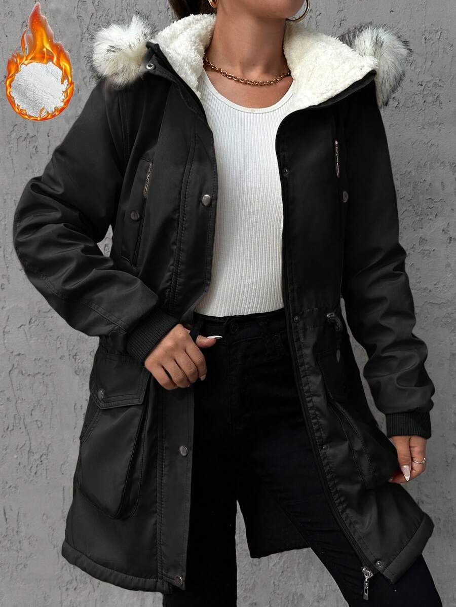 EURMUSE Flap Pocket Fuzzy Trim Hooded Thermal Lined Drawstring Waist Parka Coat - Black - View 1