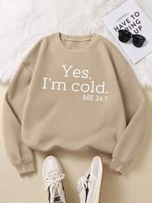 SHEIN Unity Hơn Đồ họa Khẩu hiệu Lót nhiệt Áo nỉ - Màu Khaki - Xem 1