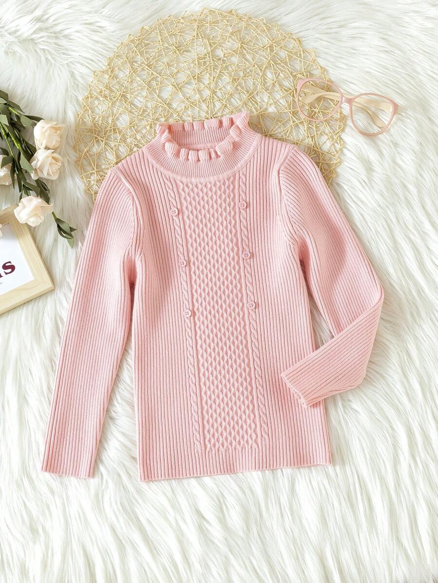 SHEIN Cô Gái Trẻ Cổ diềm Đồ đan Ribbed Áo len - Hồng - Xem 1