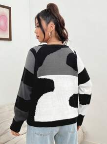 SHEIN EZwear 大尺碼女士拼色拉杆袖拉鍊套頭毛衣 - 彩色 - 查看 4