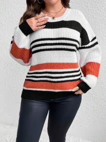 SHEIN Unity 加大码条纹图案落肩针织套头衫秋冬毛衣 - 彩色 - 查看 3