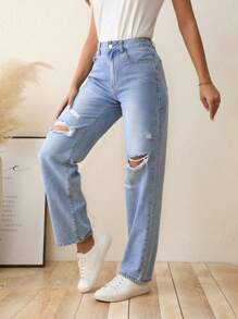 SHEIN LUNE Ripped Straight Leg Jeans Without Belt - Light Wash - View 4
