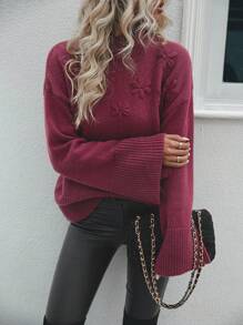 SHEIN LUNE 小高領貼花落肩袖套頭毛衣 - 紅色 - 查看 3