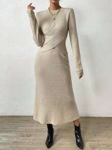 SHEIN Frenchy 交叉毛衣和針織裙 - 杏色 - 查看 3