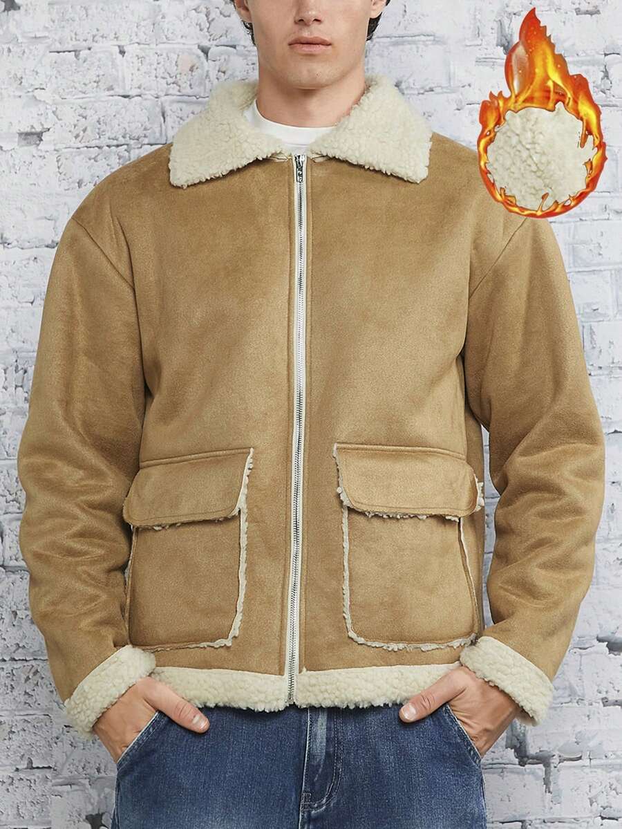 Manfinity RebelGame 宽松版型男式翻盖口袋落肩泰迪内衬夹克 - 棕色 - 查看 1