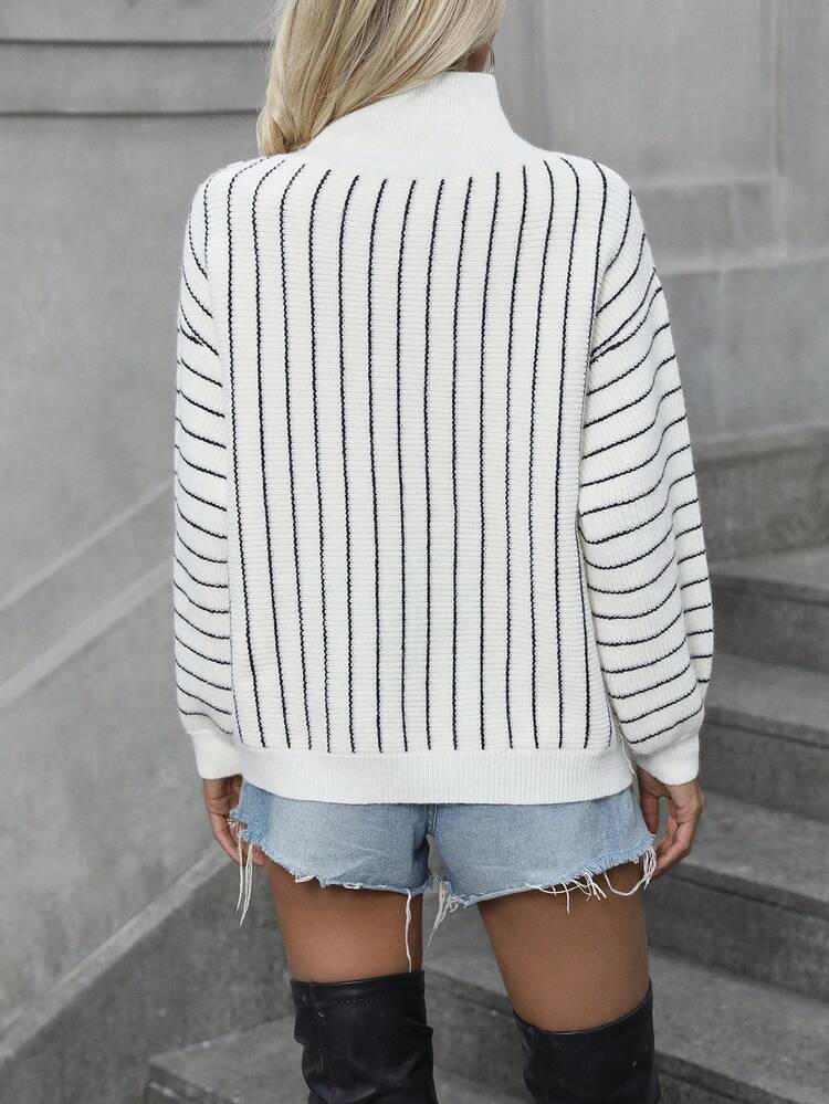 Striped Pattern Button Detail Raglan Sleeve Knit Pullover Fall Winter Sweater