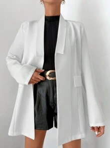 Notched Collar Turn Down Flap Detail Long Sleeve Solid Color Casual Blazer Jacket - White - View 1