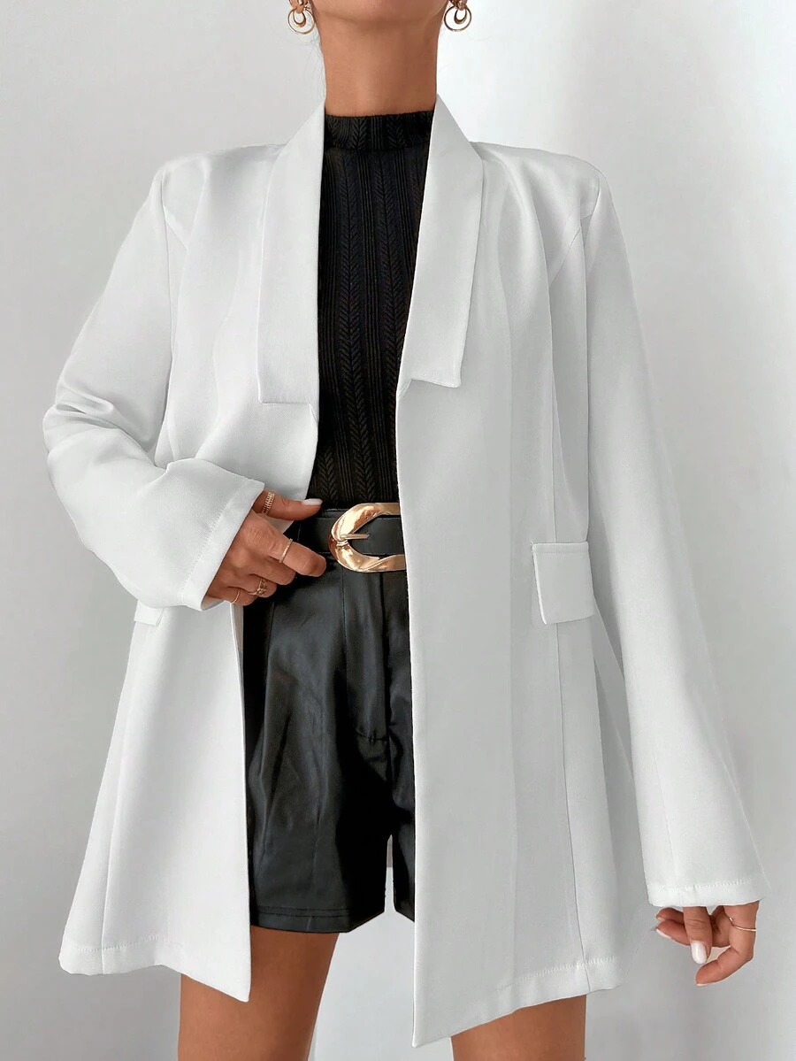 Notched Collar Turn Down Flap Detail Long Sleeve Solid Color Casual Blazer Jacket - White - View 1