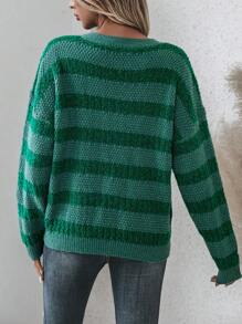 SHEIN LUNE Striped Pattern Crisscross Cut Out Front Drop Shoulder Sweater Knit Pullover Fall Winter Outfit