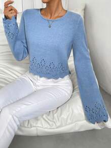 SHEIN LUNE Áo len chui đầu dáng ngắn, chất liệu dệt kim Pointelle trơn, viền ren, thích hợp cho mùa thu đông. - Màu be - Xem 3