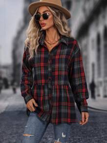 SHEIN LUNE 女式翻領格紋落肩長袖襯衫(荷葉邊下擺) - 彩色 - 查看 5