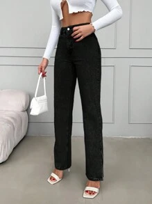 EURMUSE Women's Straight Leg Jeans With Slit Hem - Black - View 3