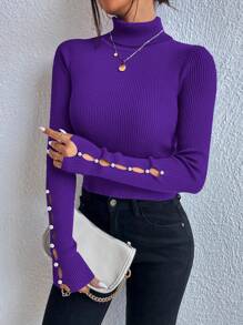 Chiquease 高领纽扣细节罗纹针织毛衣，长袖上衣 - 紫色 - 查看 4