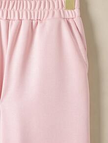 SHEIN Cô gái Tween Thư được vá Tay Raglan Viền không đối xứng Áo thun & quần - Hồng - Xem 7