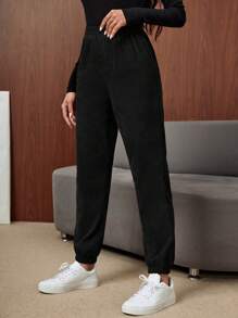 SHEIN LUNE Women Solid Color Daily Wear Elastic Waist Pants - Black - View 4