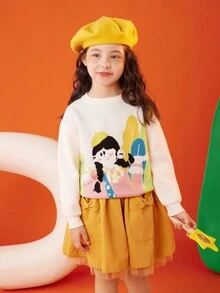 Tween Girl Figure Graphic Drop Shoulder Sweatshirt - Beige - View 4