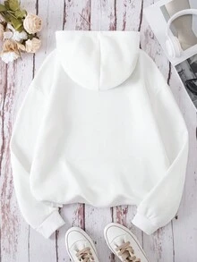 SHEIN EZwear Đồ họa Chữ cái Túi kangaroo Dây rút Lót nhiệt Hoodie - trắng - Xem 2