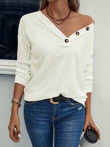 SHEIN LUNE Women's Button Detail Drop Shoulder Sweatshirt - Beige - View 5