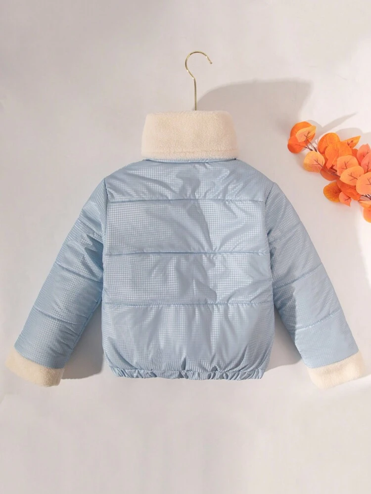 Tween Girl 1pc Contrast Cuff Padded Coat With Floral Applique Scarf