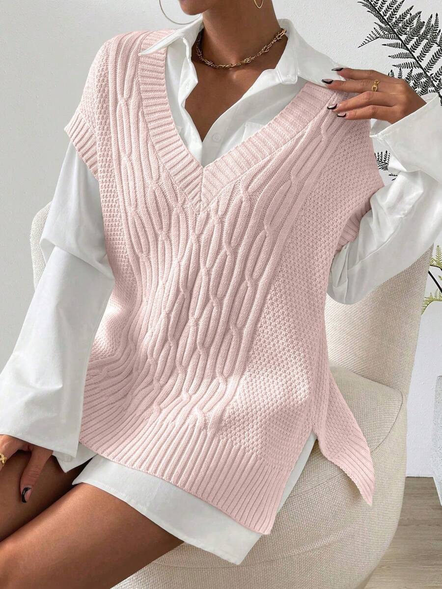 Chiquease 1入組麻花編織下擺開叉毛衣背心 - 淺粉色 - 查看 1