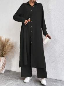 EMERY ROSE Solid Button Front Shirt & Wide Leg Pants - Black - View 6