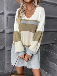 Chiquease Color Block Drop Shoulder Sweater Dress Without Belt - Multicolor - View 6