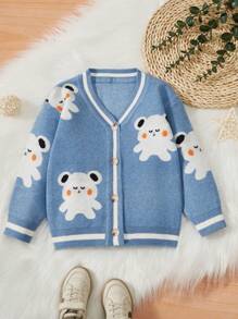Baby Boy Bear Pattern Striped Trim Cardigan - Blue - View 1