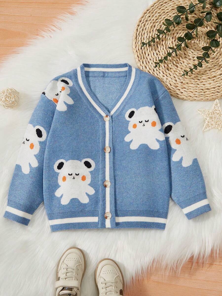 Baby Boy Bear Pattern Striped Trim Cardigan - Blue - View 1
