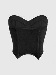 ROMWE Goth 素色絲絨緊身上衣抹胸上衣 - 黑色 - 查看 2