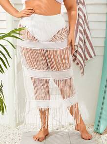 SHEIN Swim Curve 大码女式流苏罩衫裙 夏季 - 白色 - 查看 5