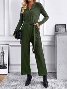 SHEIN LUNE Slant Pocket Belted Jumpsuit - Army Green - View 3